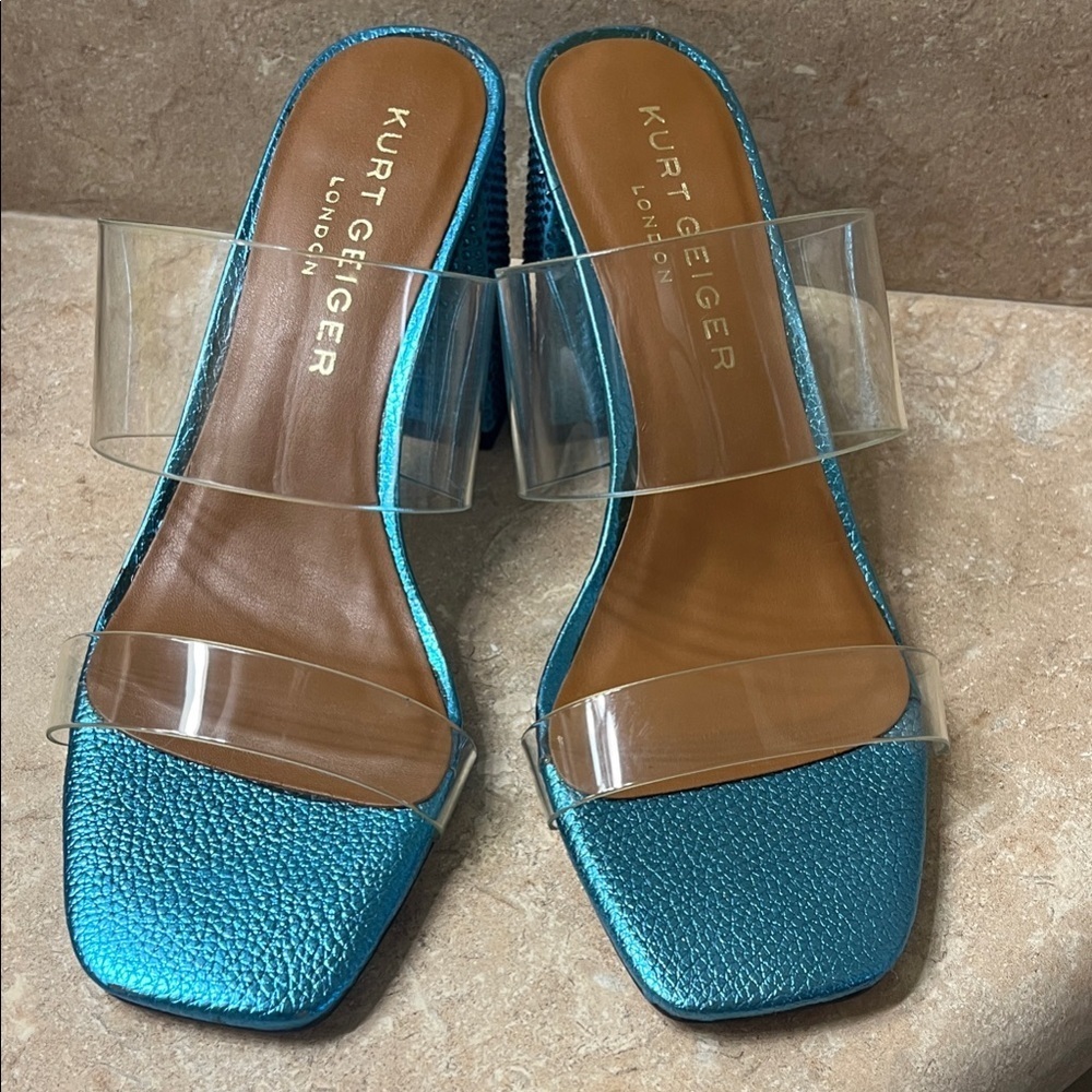 Kurt Geiger London Party Block Sandal - Blue Crystal Heel - Size 37